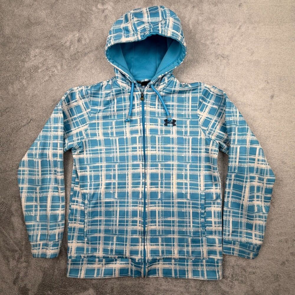 Under Armour Women’s Full Zip Hoodie Blue White Grid Print Fleece Lined Small
